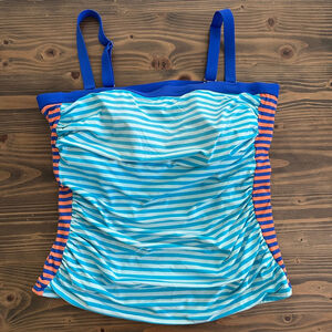 Women's Lands' End 18W Blue Orange Striped Tankini Swim Top Plus Size Ruched